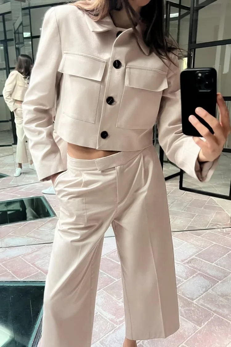 Fashion Off White Blended High-waisted Wide-leg Trousers,Pants