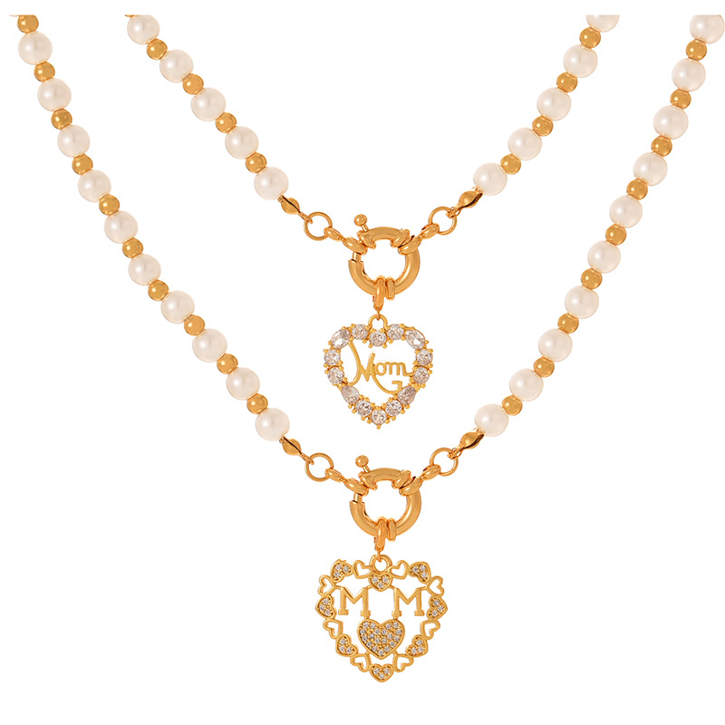 Fashion Golden 2 Copper Inlaid Zirconium Heart Letter Mom Pendant Pearl Beaded Necklace,Necklaces