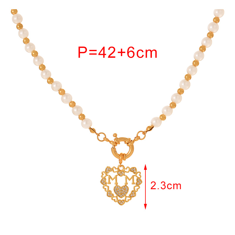 Fashion Golden 2 Copper Inlaid Zirconium Heart Letter Mom Pendant Pearl Beaded Necklace,Necklaces