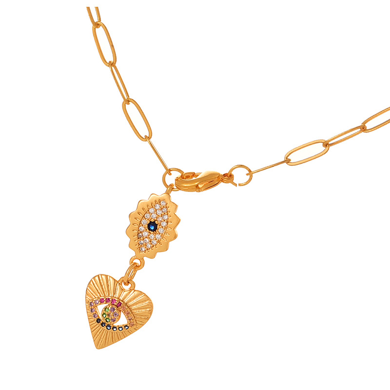 Fashion Gold Copper Inlaid Zirconium Heart Eye Pendant Lobster Clasp Necklace,Necklaces
