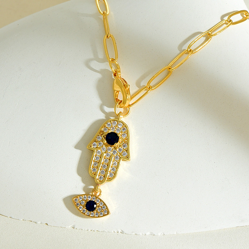 Fashion Gold Copper Set Zirconium Palm Eye Pendant Lobster Clasp Necklace,Necklaces