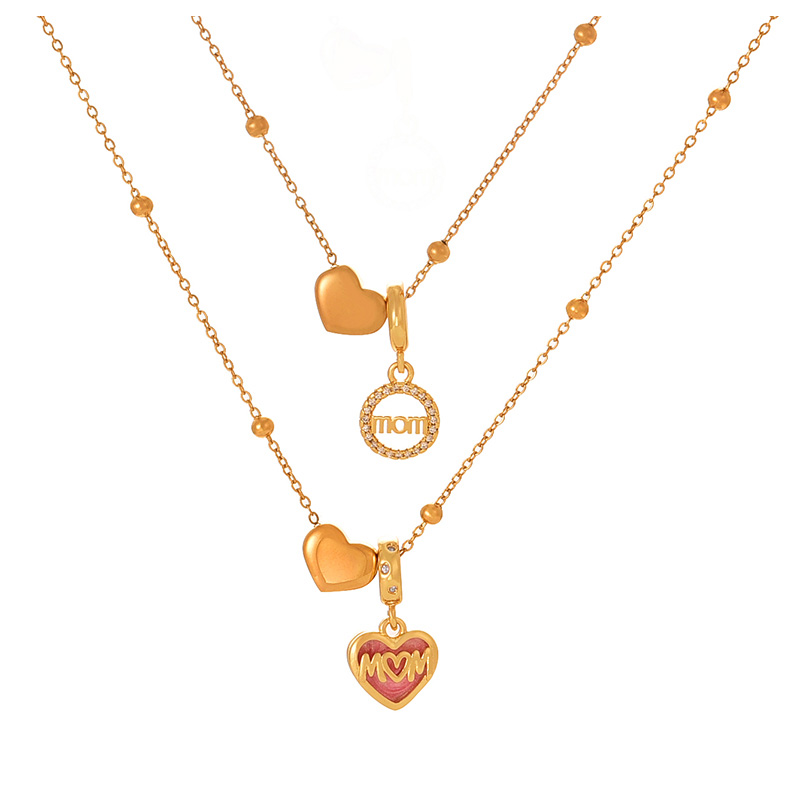 Fashion Golden 2 Titanium Steel Inlaid With Zirconium Heart Drop Oil Shaped Letters Mom Pendant Bead Necklace,Necklaces