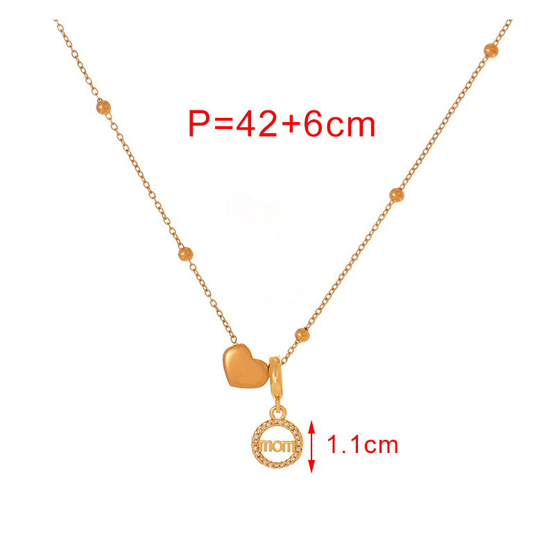 Fashion Golden 2 Titanium Steel Inlaid With Zirconium Heart Drop Oil Shaped Letters Mom Pendant Bead Necklace,Necklaces