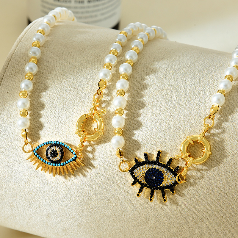 Fashion Golden 2 Copper Inlaid Zirconium Eye Pendant Pearl Bead Necklace,Necklaces