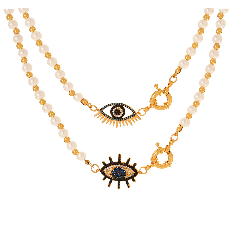 Fashion Golden 2 Copper Inlaid Zirconium Eye Pendant Pearl Bead Necklace,Necklaces