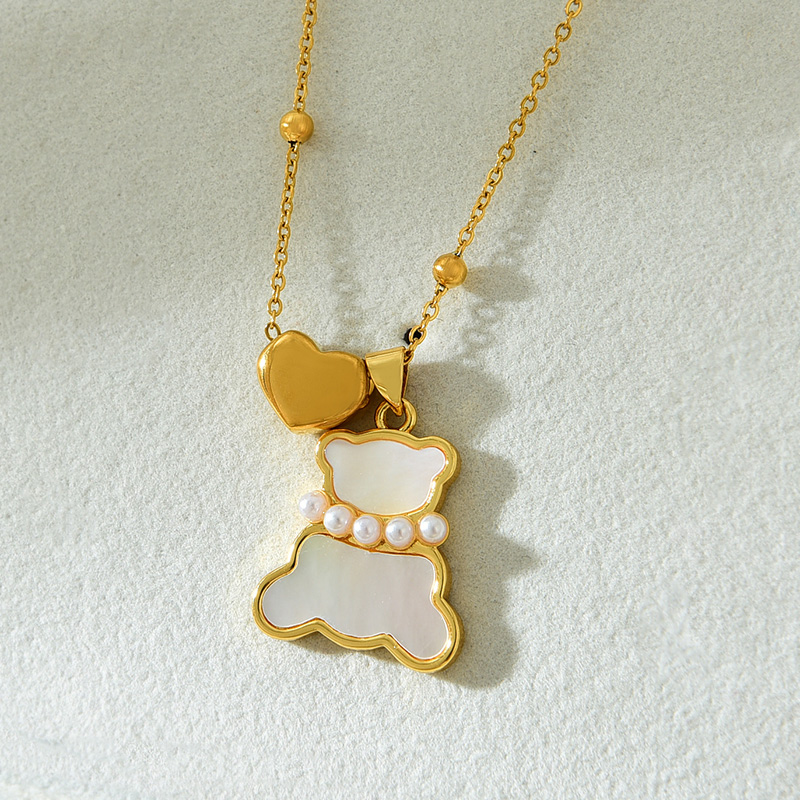 Fashion Gold Titanium Steel Love Shell Pearl Bear Pendant Bead Necklace,Necklaces