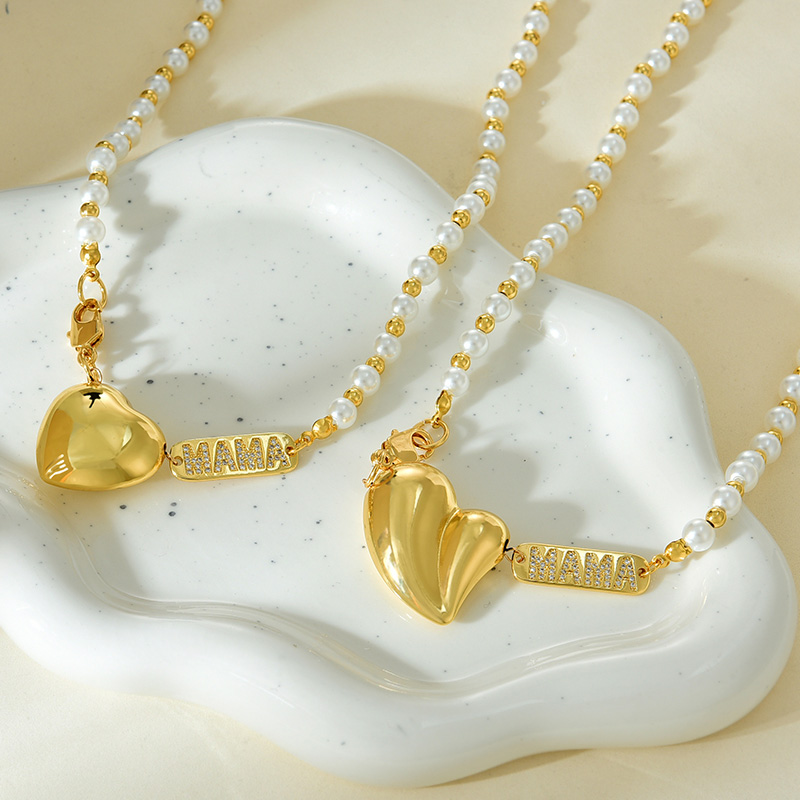 Fashion Golden 2 Copper Inlaid Zirconium Heart Letter Mama Pendant Pearl Beaded Necklace,Necklaces