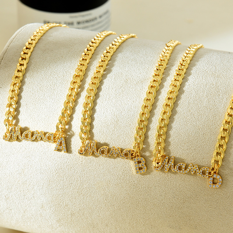 Fashion V Copper Inlaid Zirconium 26 Letters Mama Pendant Thick Chain Necklace,Necklaces