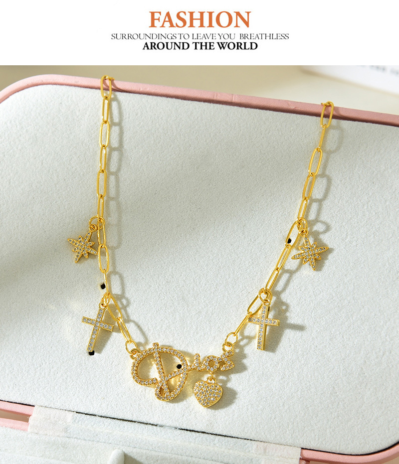 Fashion Gold Copper Inlaid Zirconium Letter Love Cross Pendant Necklace,Necklaces