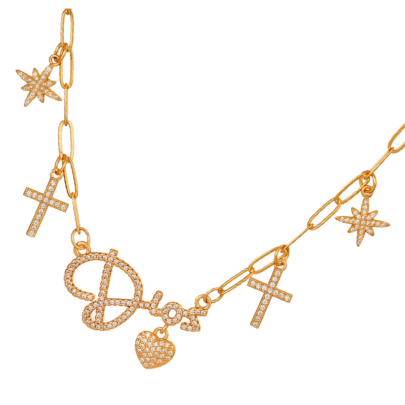 Fashion Gold Copper Inlaid Zirconium Letter Love Cross Pendant Necklace,Necklaces