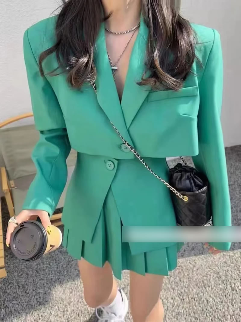 Fashion Green Polyester Lapel Short Blazer Pleated Skirt Suit,Suits