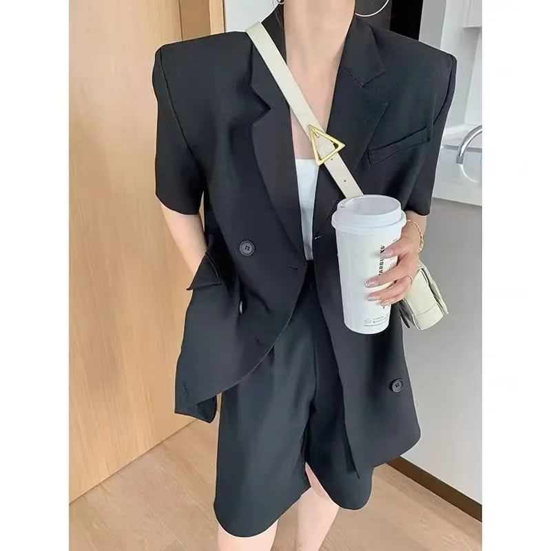Fashion Black Polyester Lapel Double Breasted Blazer Shorts Set,Suits