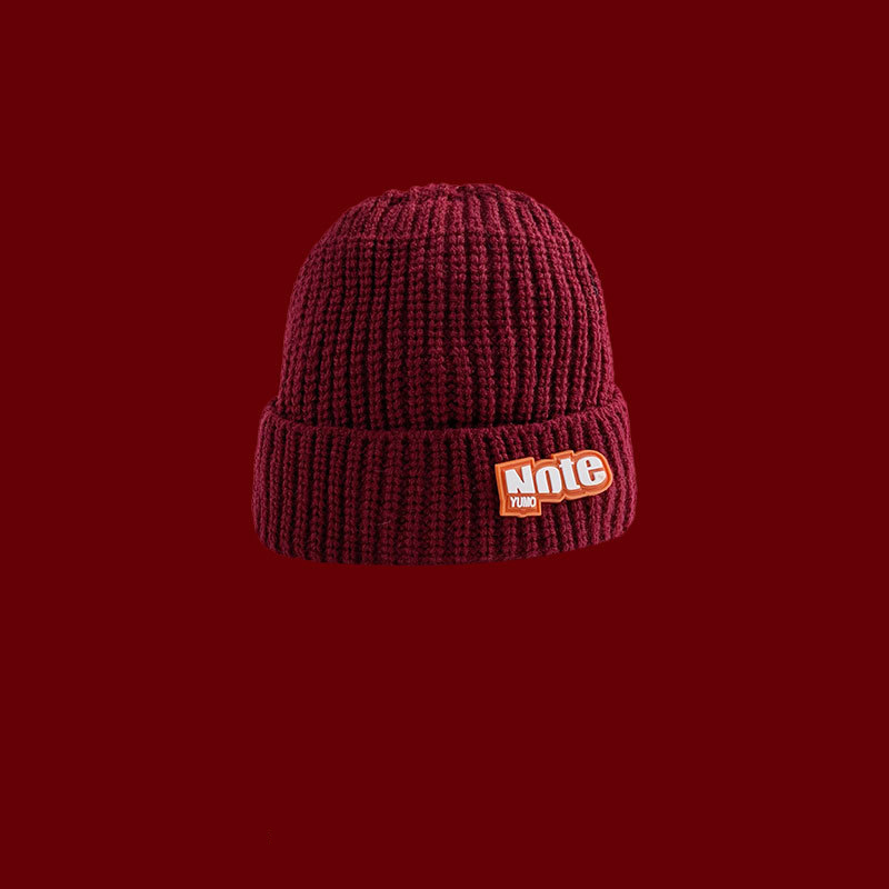 Fashion Letter Small Label Burgundy - Head Circumference 50-53 Acrylic Patch Embroidered Beanie,Knitting Wool Hats