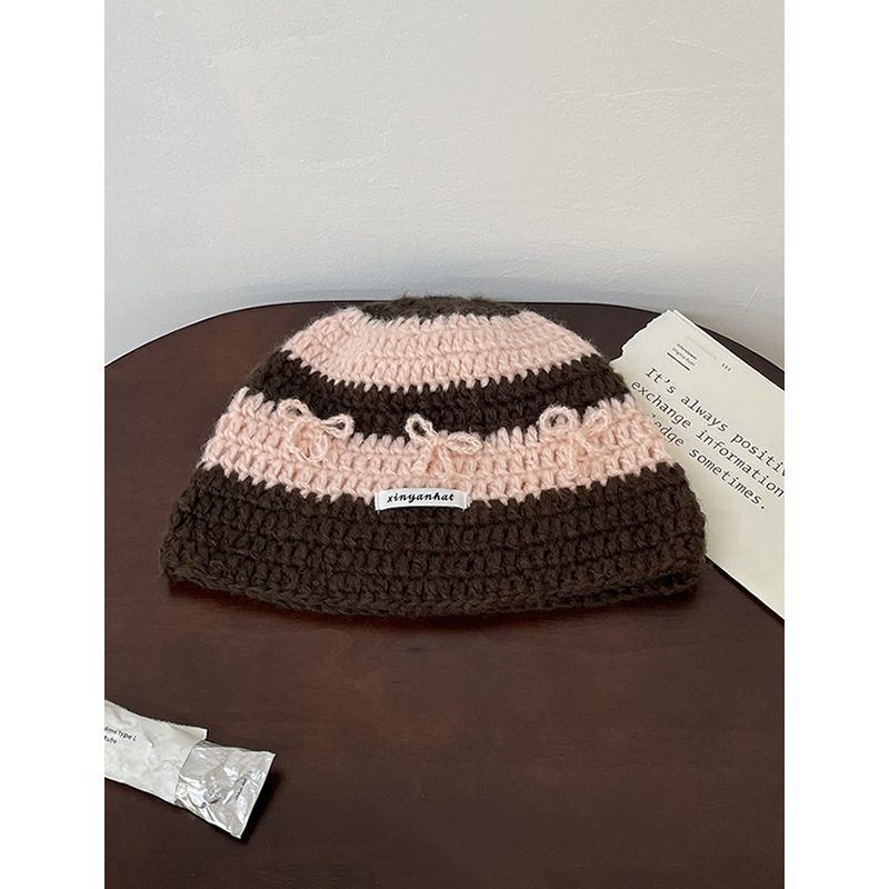 Fashion Pink Coffee Acrylic Knitted Striped Beanie,Knitting Wool Hats