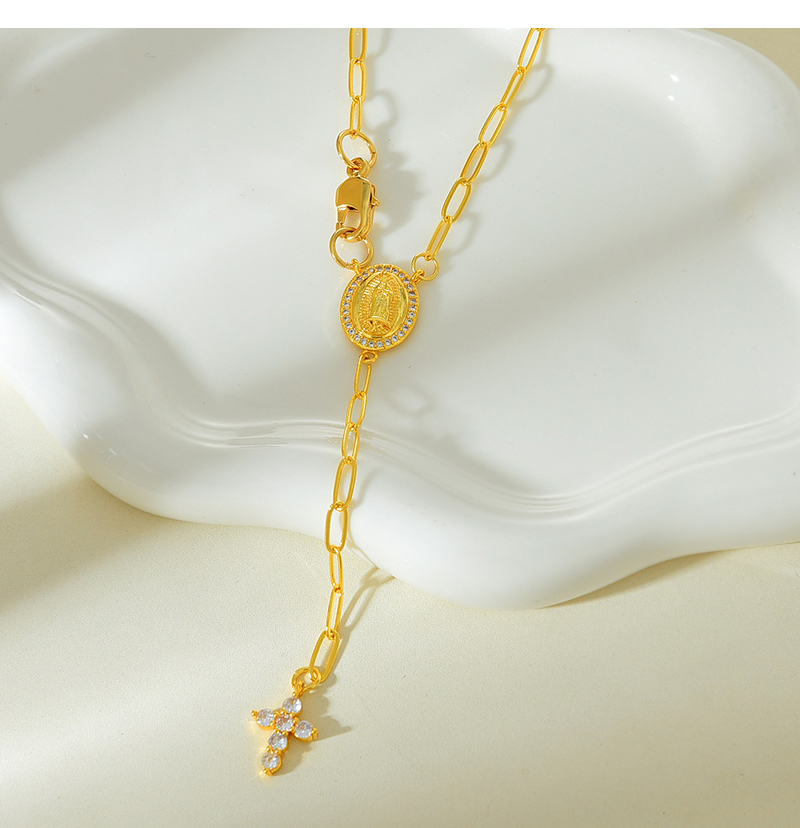Fashion Gold Copper Set Zirconia Oval Figure Pendant Cross Chain Necklace,Necklaces