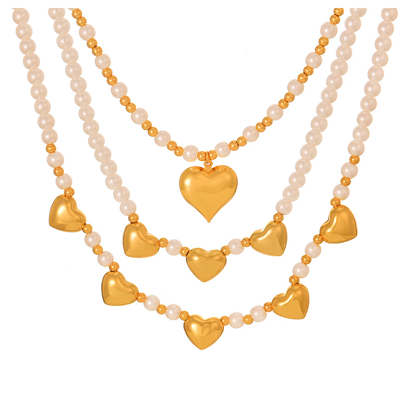 Fashion Golden 3 Copper Love Pendant Pearl Beads Necklace,Necklaces