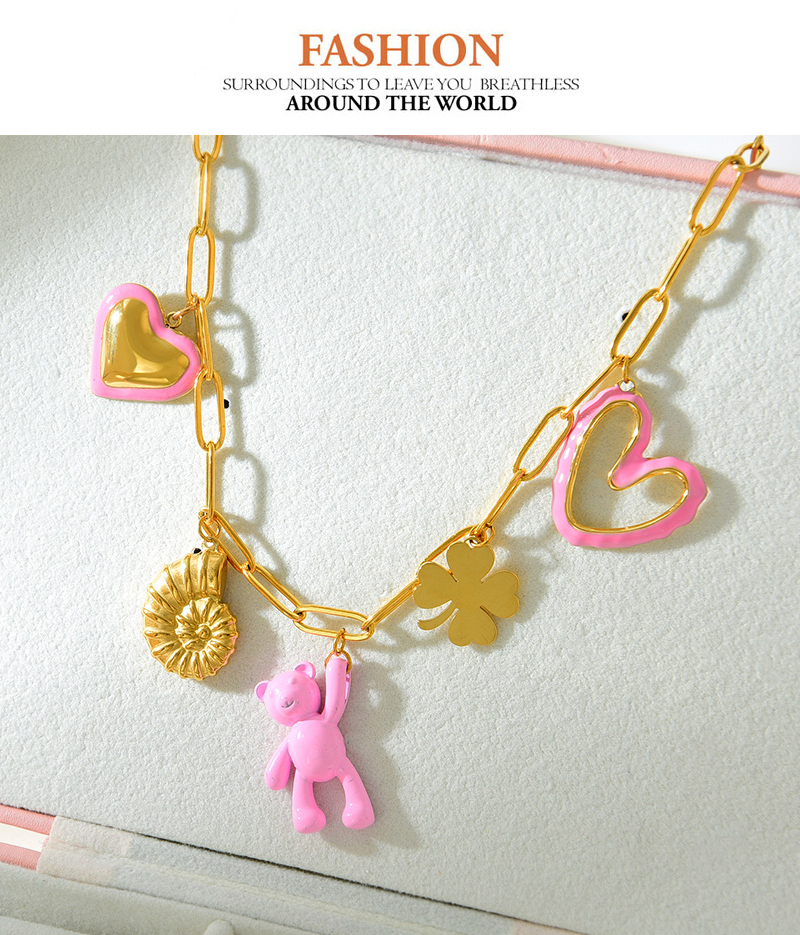 Fashion Gold Titanium Steel Four-leaf Clover Conch Bear Oil Dropping Love Pendant Necklace,Necklaces
