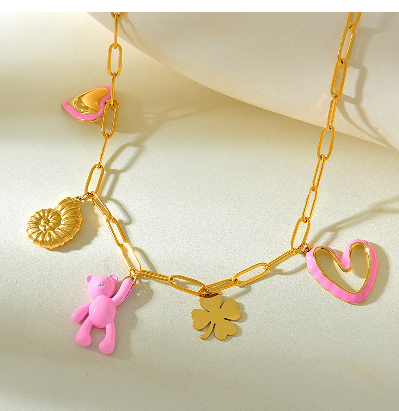 Fashion Gold Titanium Steel Four-leaf Clover Conch Bear Oil Dropping Love Pendant Necklace,Necklaces