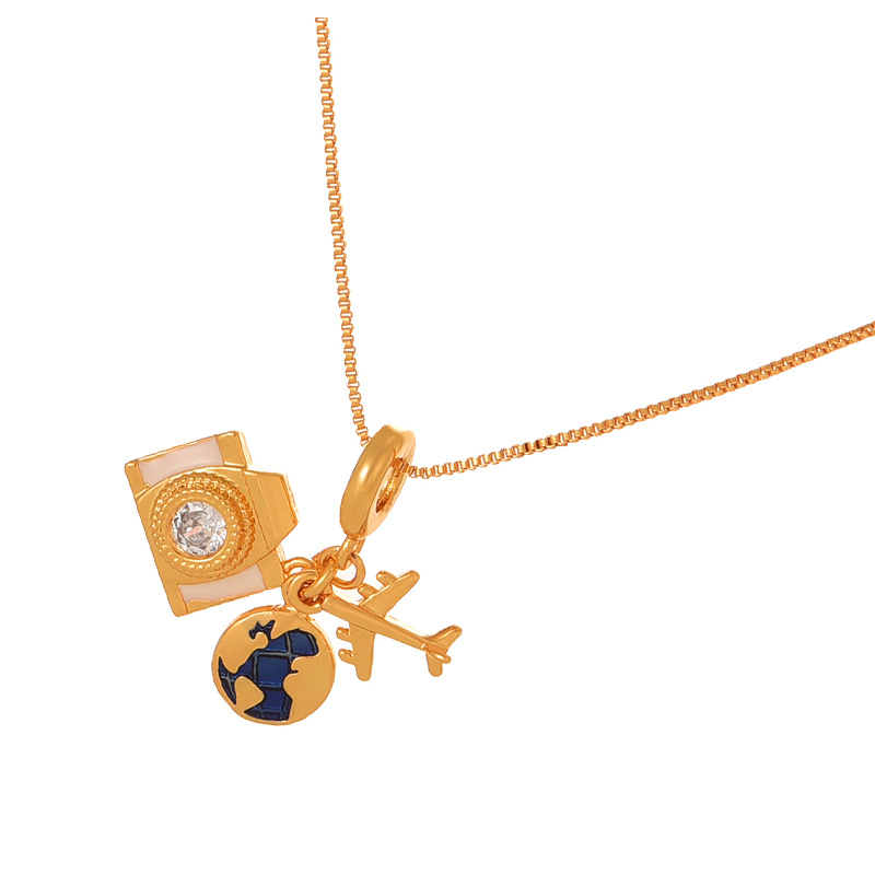 Fashion Gold Copper Set Zircon Oil Drop Airplane Earth Pendant Necklace,Necklaces