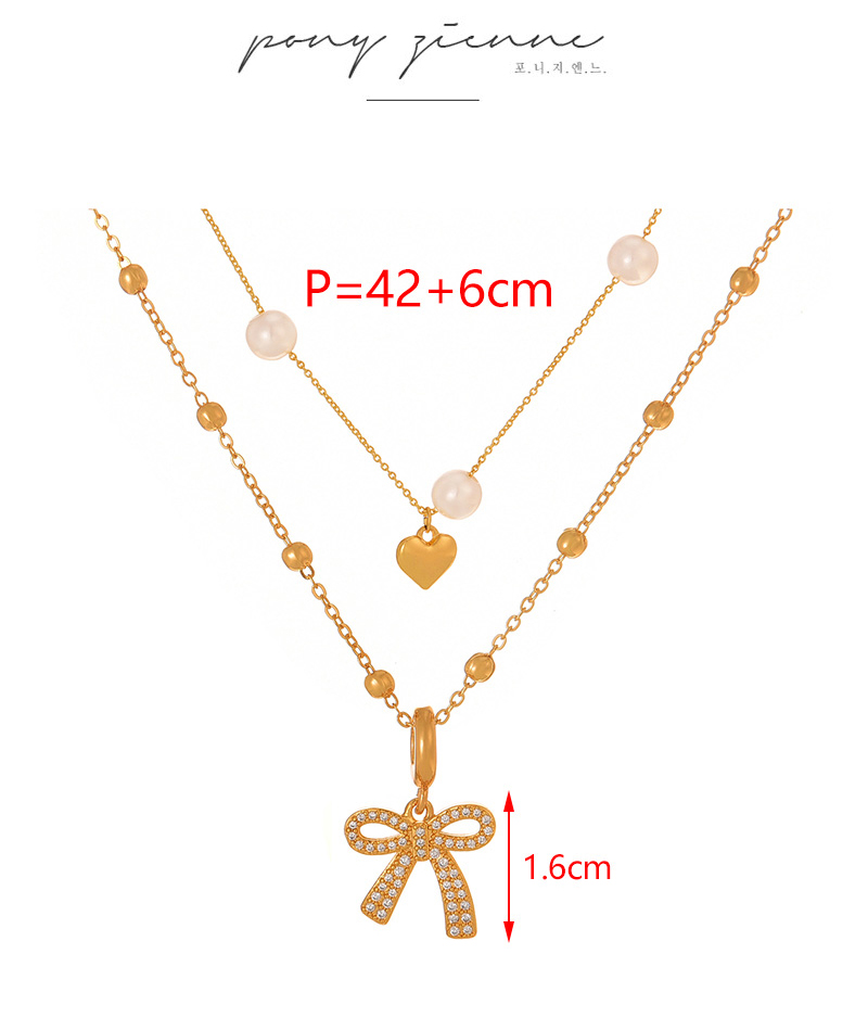 Fashion Gold Double Layer Copper Inlaid Zirconia Bow Pendant Bead Necklace,Necklaces