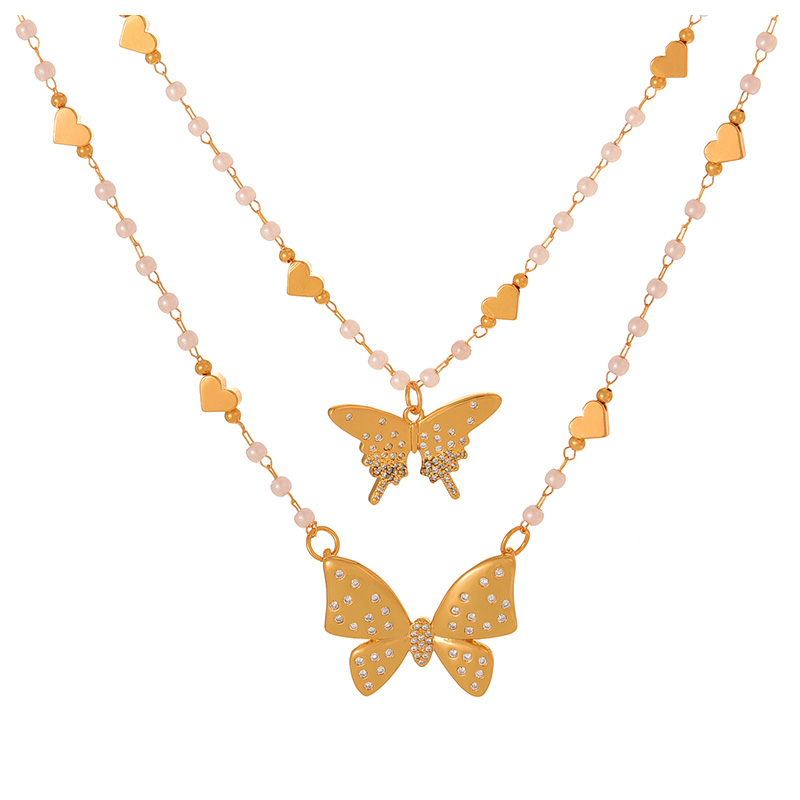 Fashion Golden 2 Copper Inlaid Zircon Bow Pendant Pearl Love Necklace,Necklaces