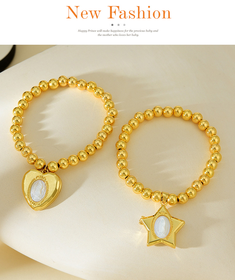 Fashion Golden 2 Shell Portrait Five-pointed Star Flip Pendant Beaded Bracelet (6mm),Bracelets