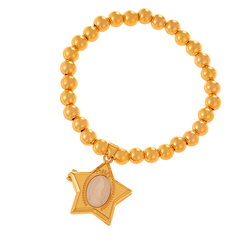 Fashion Golden 2 Shell Portrait Five-pointed Star Flip Pendant Beaded Bracelet (6mm),Bracelets