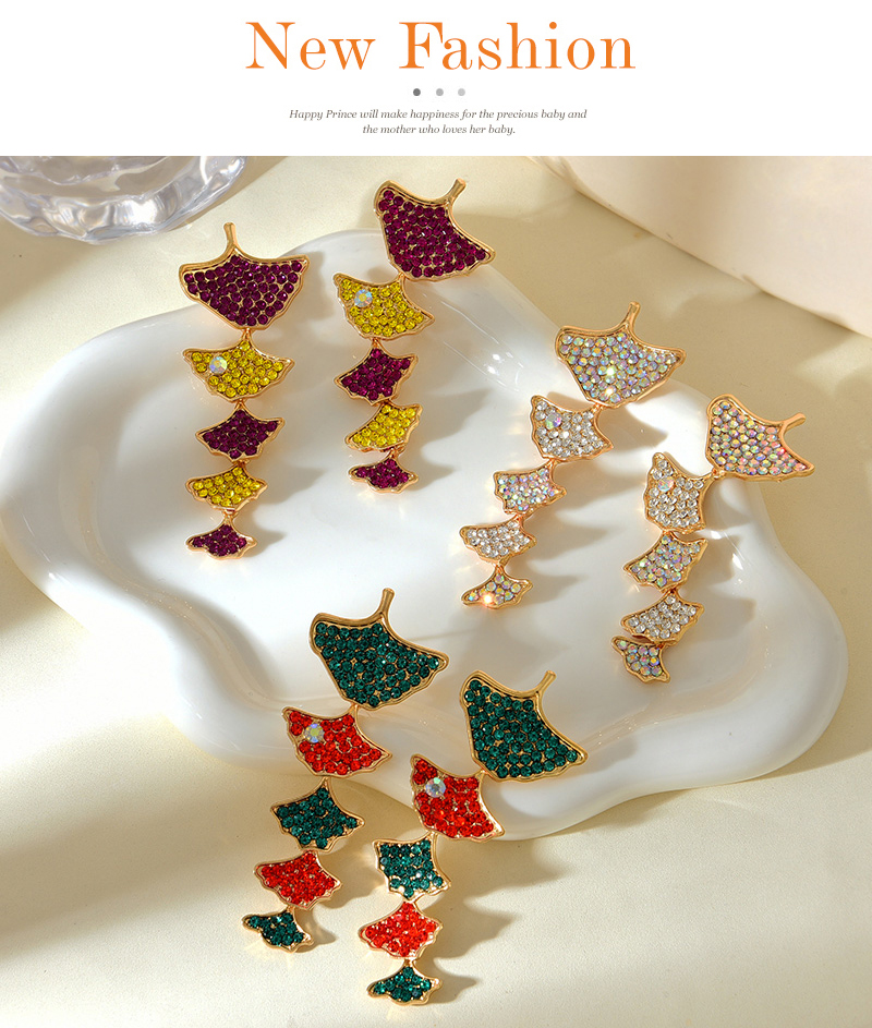 Fashion Rose Red + Yellow Alloy Diamond Fan Earrings,Drop Earrings