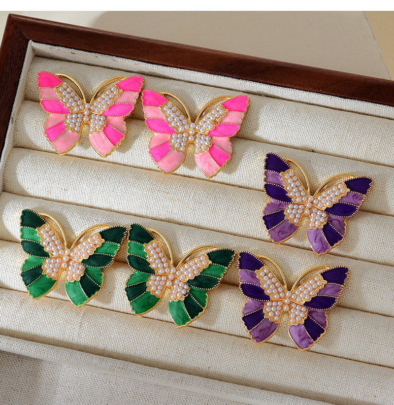 Fashion Green Alloy Oil Drop Pearl Butterfly Stud Earrings,Stud Earrings