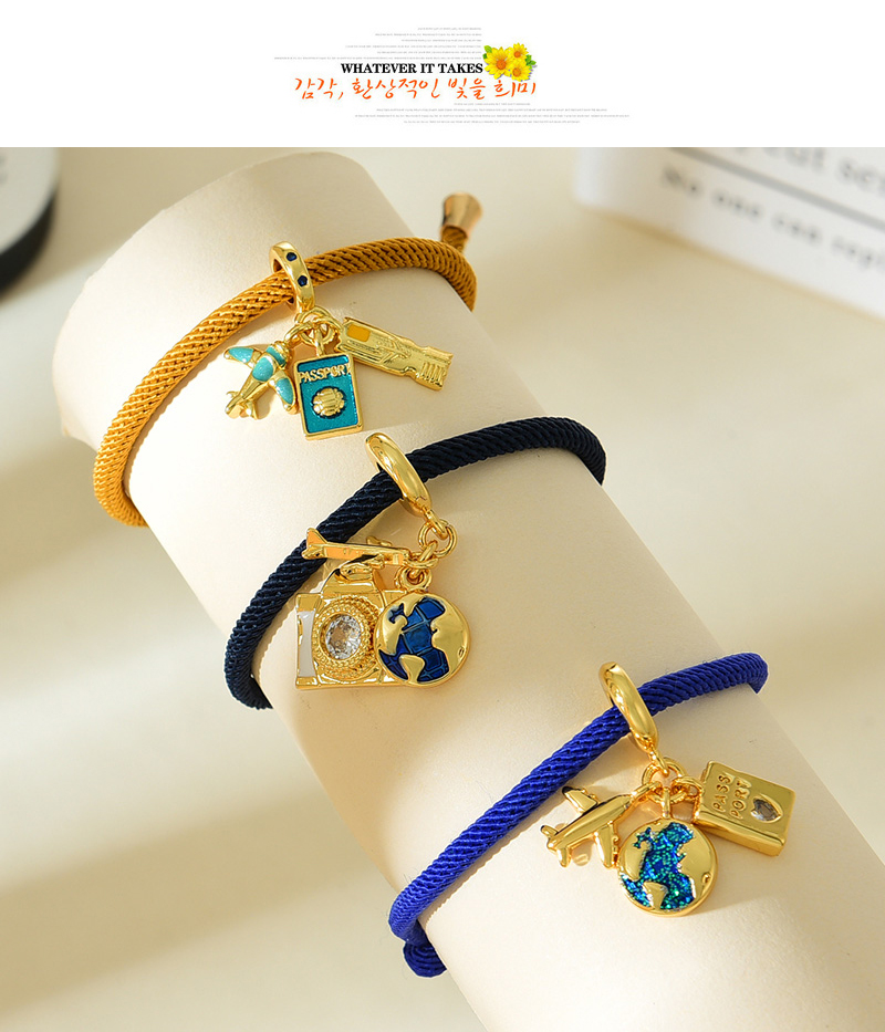 Fashion Navy Blue Copper Inlaid Zircon Oil Dropped Earth Plane Pendant Braided Bracelet,Bracelets