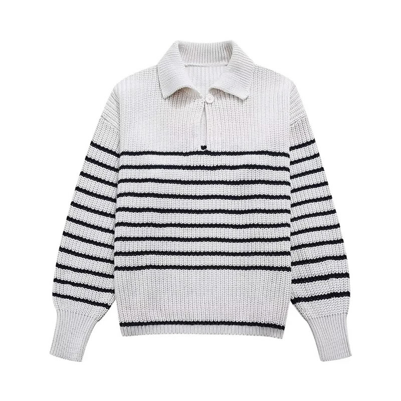 Fashion Stripe Polyester Striped Knitted Lapel Sweater,Sweater
