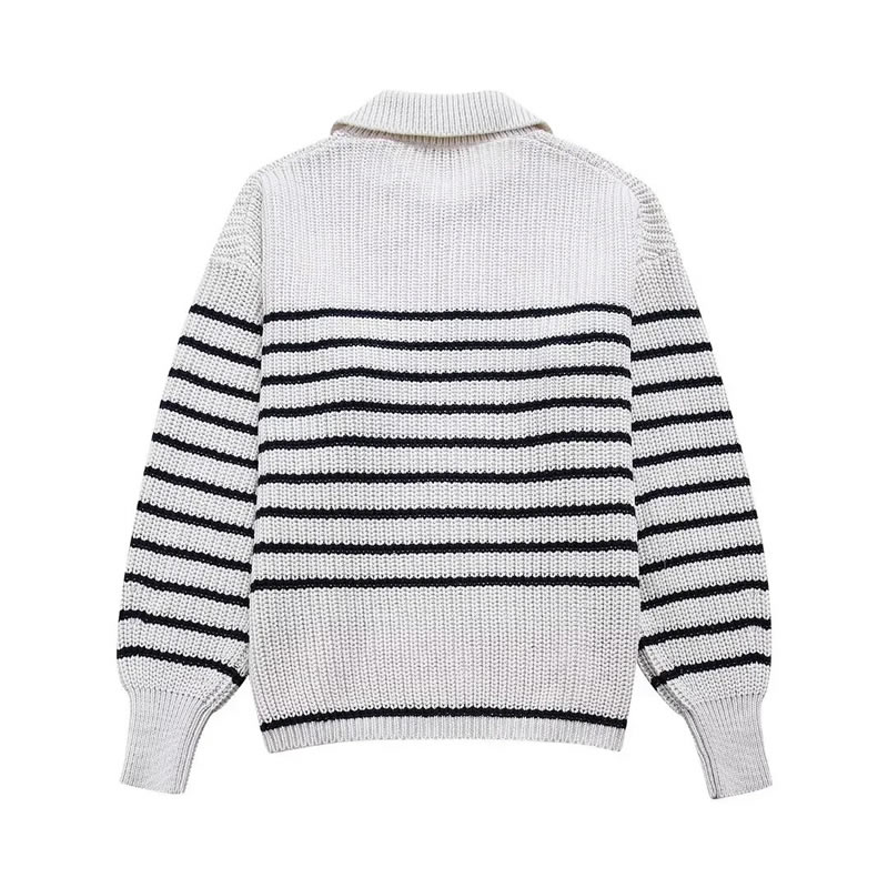 Fashion Stripe Polyester Striped Knitted Lapel Sweater,Sweater