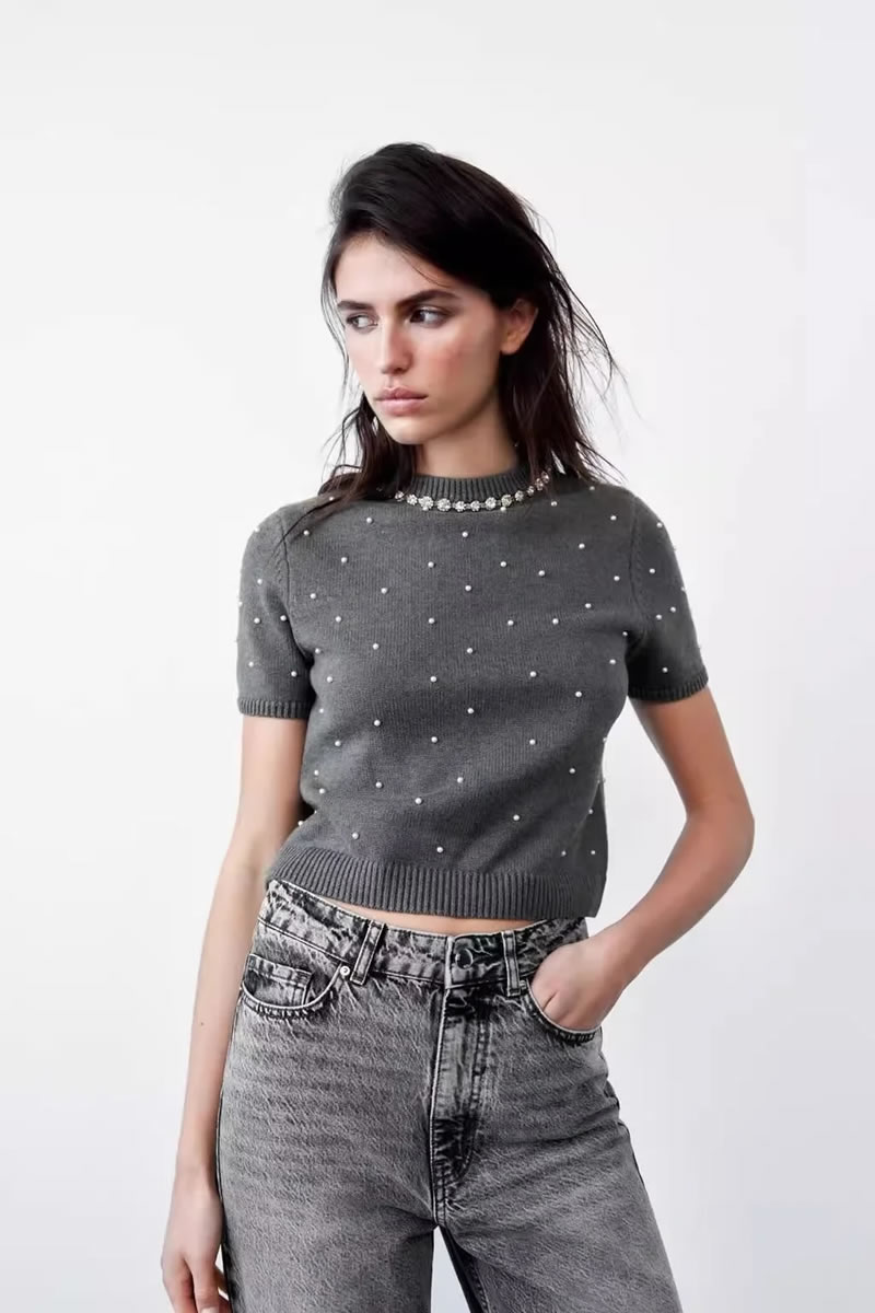Fashion Grey Polyester Knitted Short-sleeved Sweater,Sweater