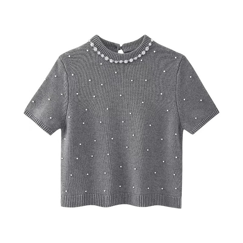 Fashion Grey Polyester Knitted Short-sleeved Sweater,Sweater