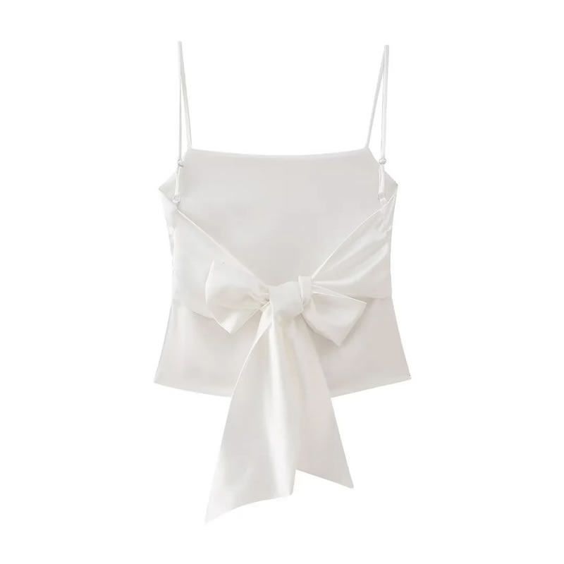 Fashion White Silk Satin Halter Top With Bow At Back,Tank Tops & Camis