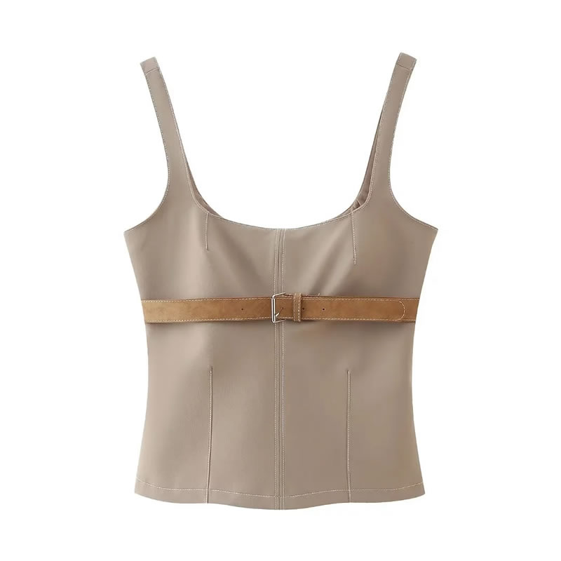 Fashion Light Brown Polyester Belted Halter Top,Tank Tops & Camis