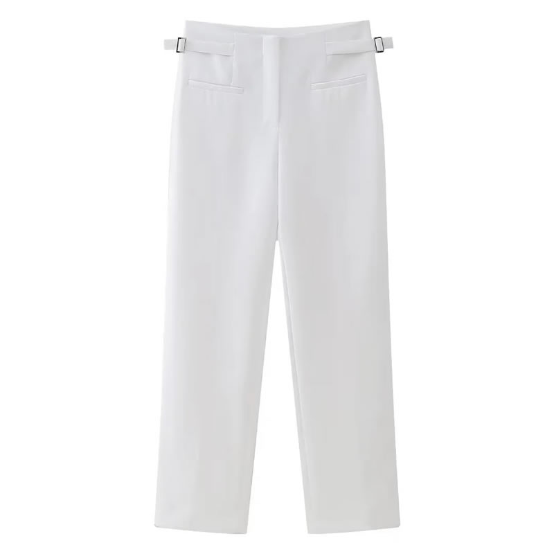 Fashion White Polyester Side Buckle Straight Trousers,Pants
