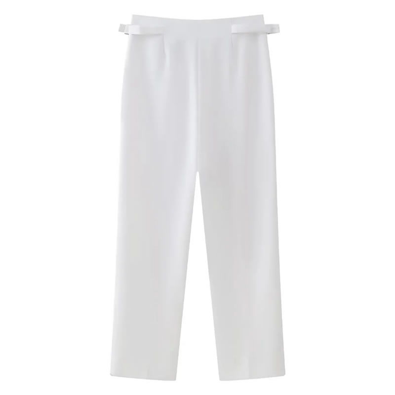 Fashion White Polyester Side Buckle Straight Trousers,Pants