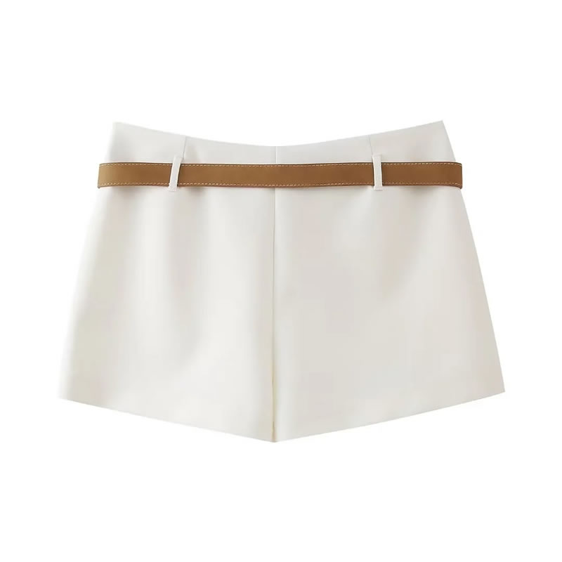 Fashion White Polyester Belted Micro-pleated Culottes,Shorts