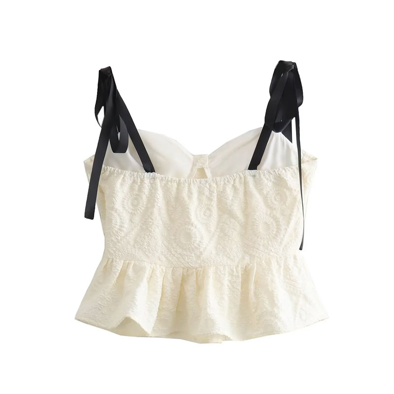 Fashion Off White Polyester Embroidered Strappy Halter Top,Tank Tops & Camis