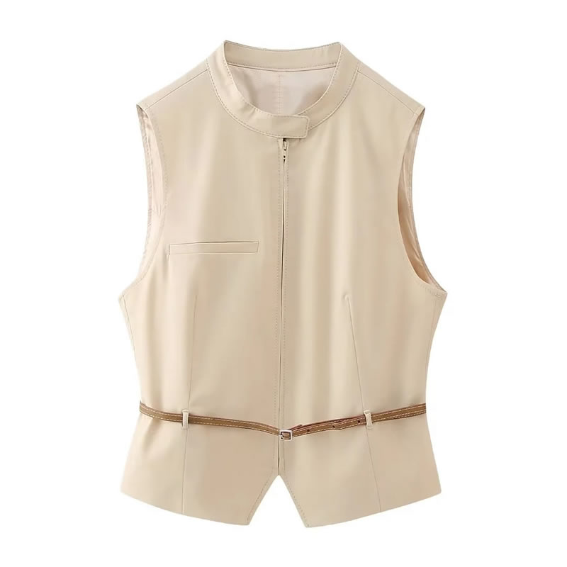 Fashion Khaki Polyester Belted Sleeveless Vest,Coat-Jacket