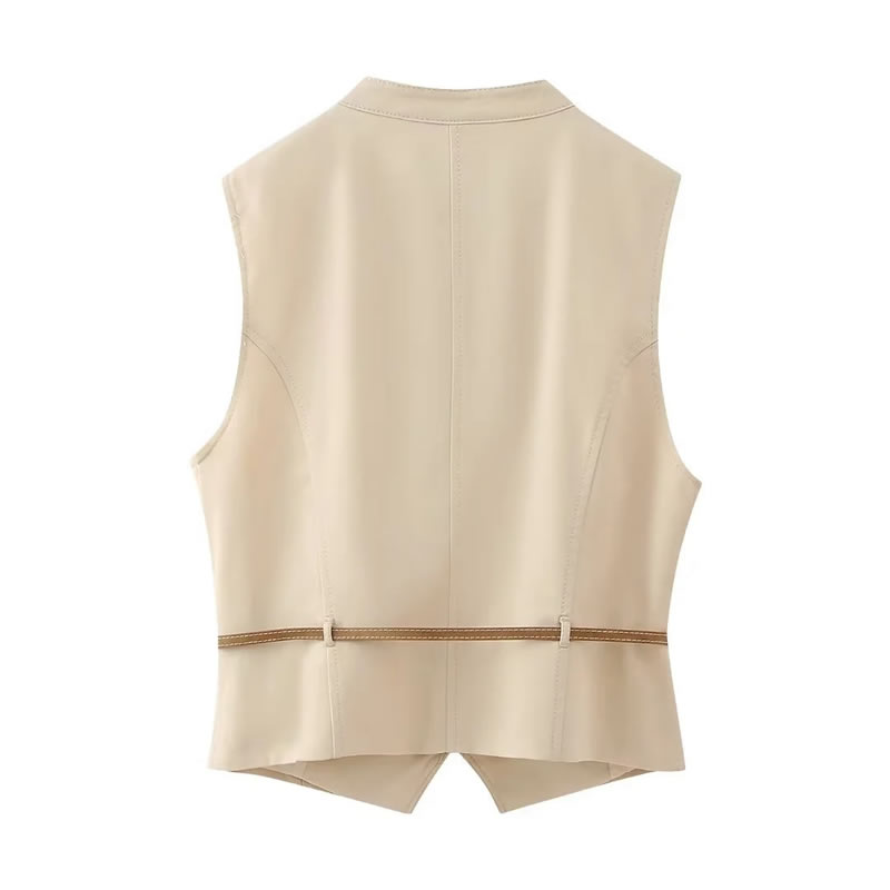Fashion Khaki Polyester Belted Sleeveless Vest,Coat-Jacket