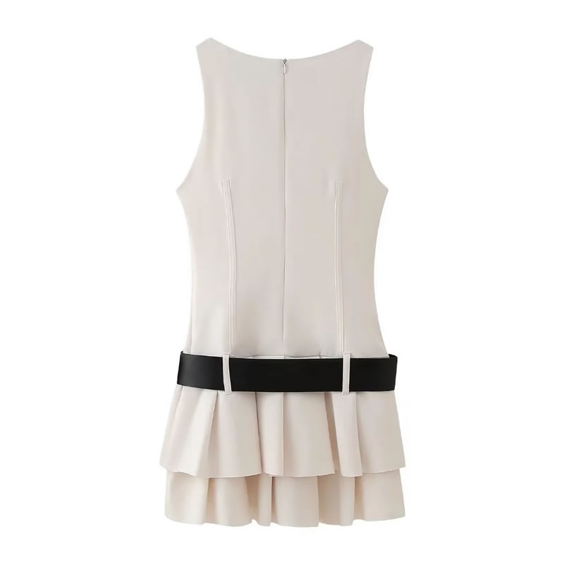 Fashion White Polyester Belted Wide Pleated Skirt,Mini & Short Dresses