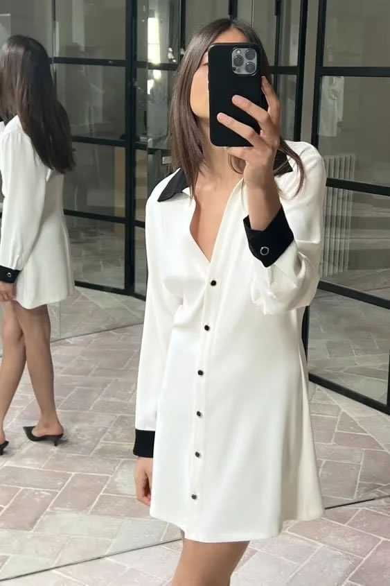 Fashion White Polyester Contrast Lapel Buttoned Skirt,Mini & Short Dresses