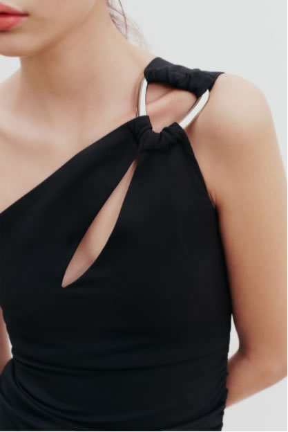 Fashion Black Polyester One-shoulder Pleated Skirt,Mini & Short Dresses
