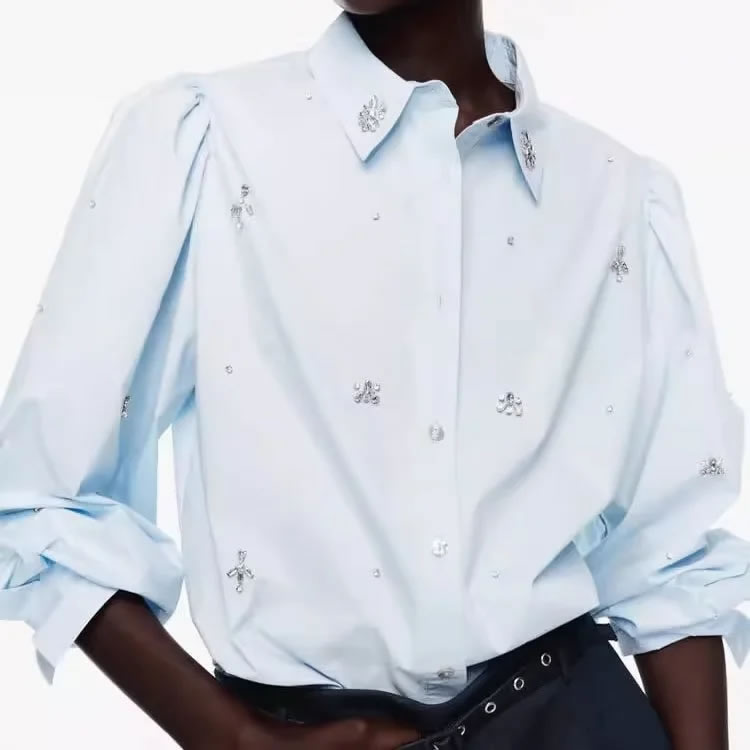 Fashion Blue Polyester Lapel Button-down Shirt,Blouses