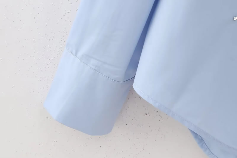 Fashion Blue Polyester Lapel Button-down Shirt,Blouses