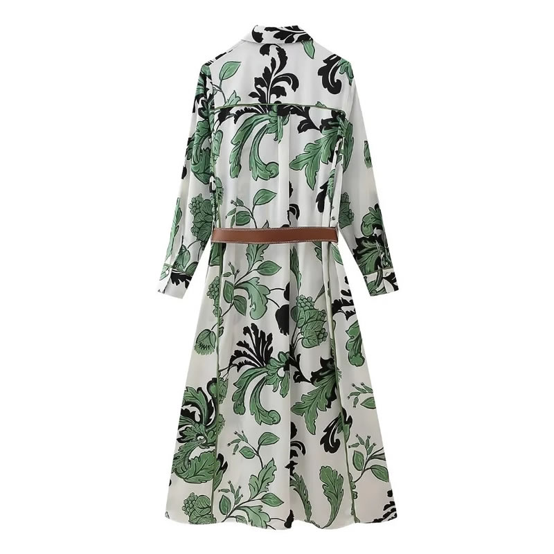 Fashion Green Polyester Printed Lapel Maxi Skirt,Long Dress