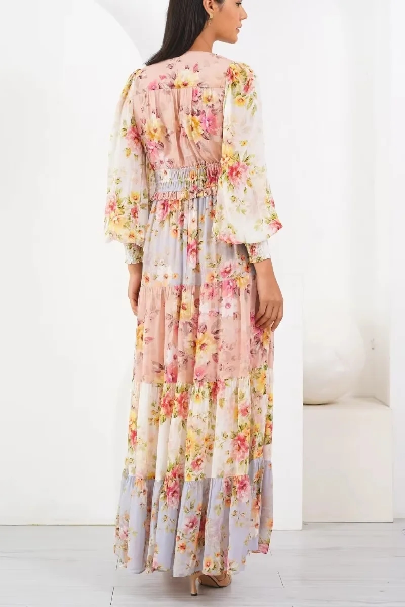 Fashion Printing Chiffon Printed V-neck Tiered Long Skirt,Long Dress