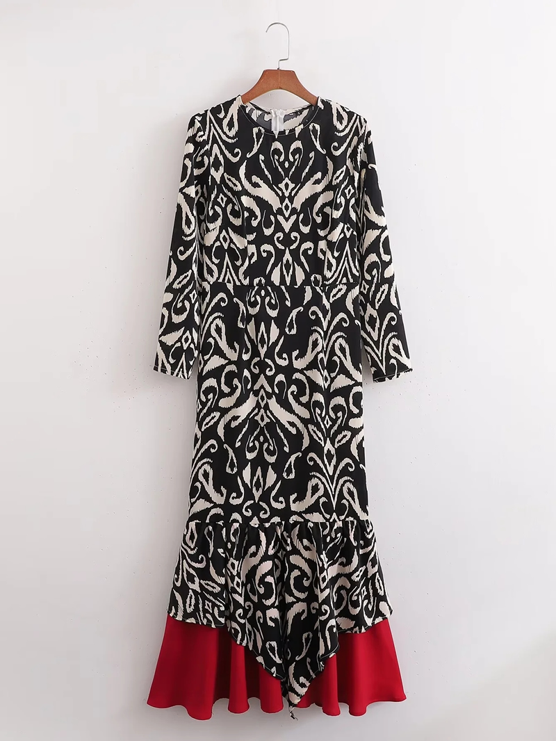 Fashion Printing Polyester Printed Patchwork Long Skirt,Long Dress